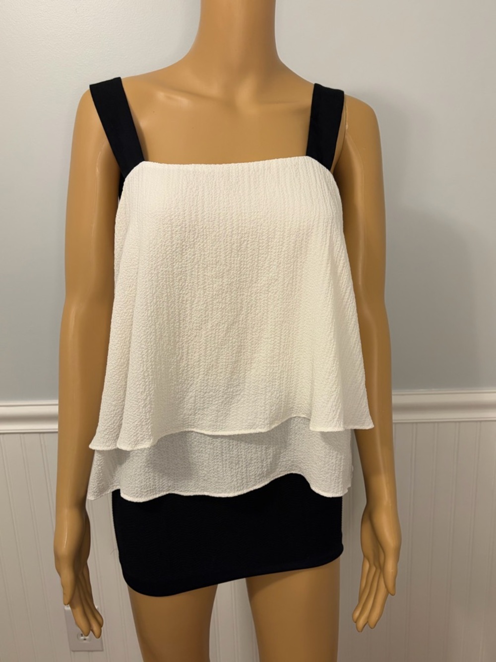 DKNY White Layered Textured Tank Top with Black Straps